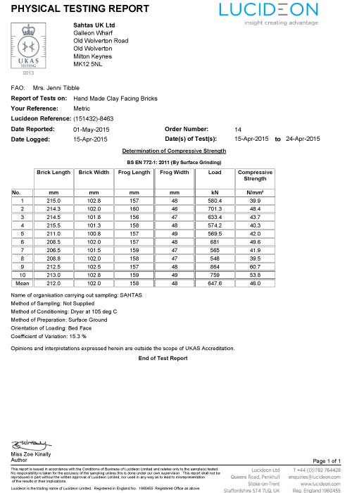 Sahtas LUCIDEON test report for BS EN 772:1