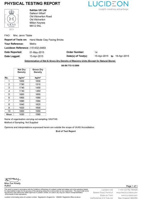 Sahtas LUCIDEON test report for BS EN 772:13