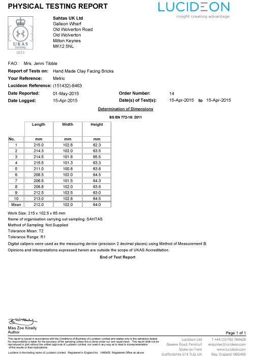 Sahtas LUCIDEON test report for BS EN 772:16