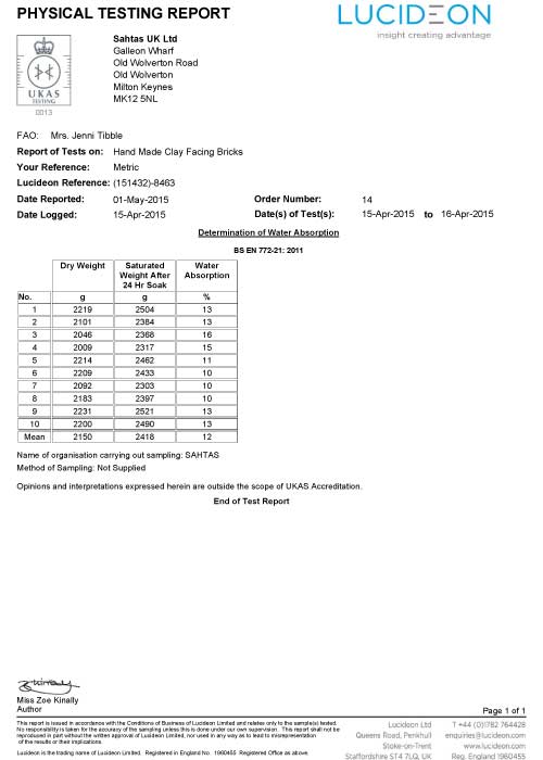 Sahtas LUCIDEON test report for BS EN 772:21